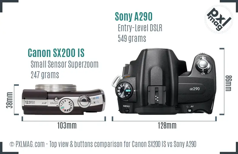 Canon SX200 IS vs Sony A290 top view buttons comparison