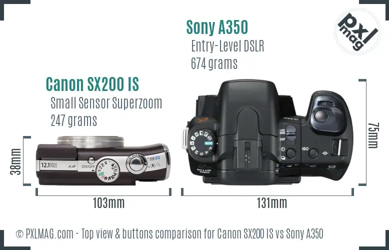 Canon SX200 IS vs Sony A350 top view buttons comparison
