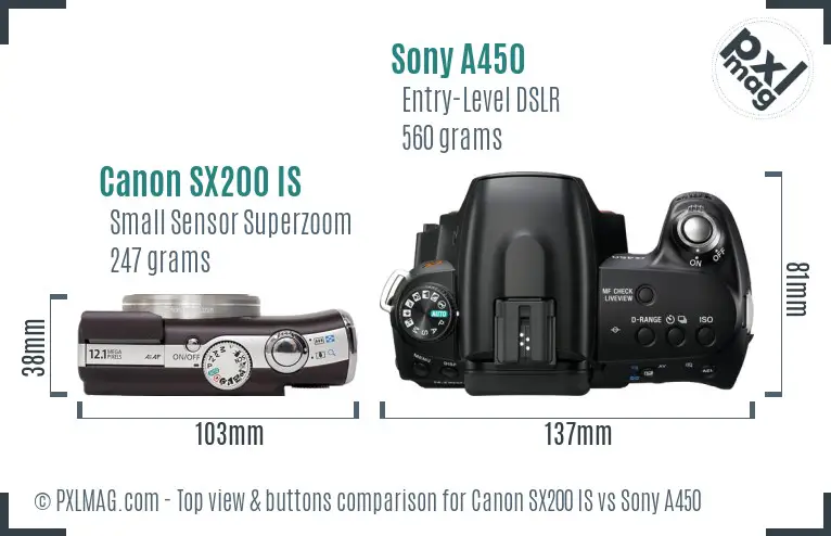 Canon SX200 IS vs Sony A450 top view buttons comparison Canon SX200 IS vs Sony A450 top view buttons comparison