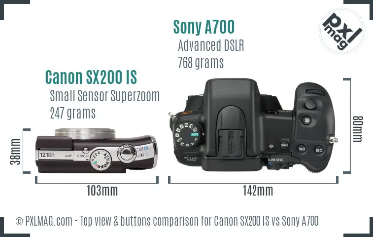 Canon SX200 IS vs Sony A700 top view buttons comparison