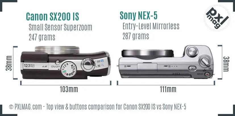 Canon SX200 IS vs Sony NEX-5 top view buttons comparison Canon SX200 IS vs Sony NEX-5 top view buttons comparison