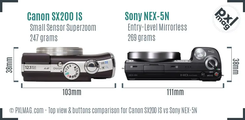 Canon SX200 IS vs Sony NEX-5N top view buttons comparison