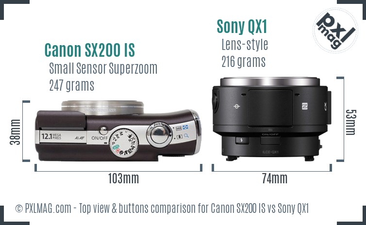 Canon SX200 IS vs Sony QX1 top view buttons comparison