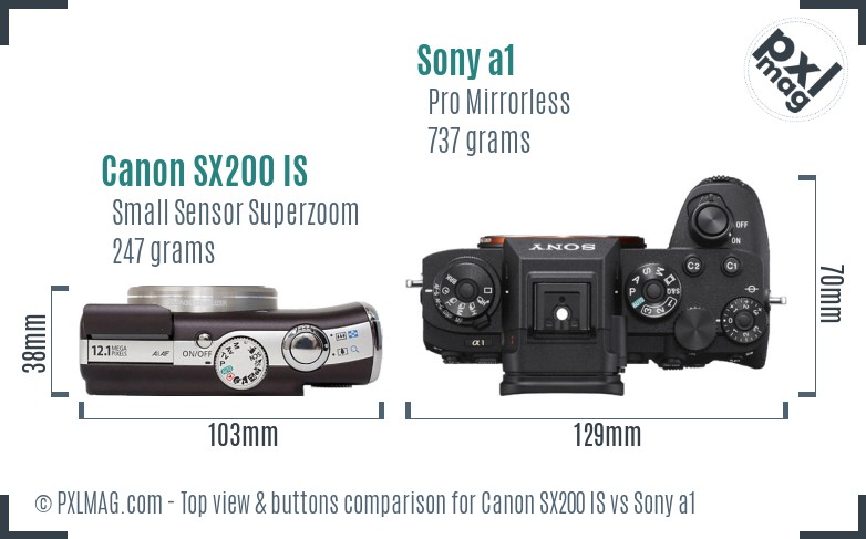 Canon SX200 IS vs Sony a1 top view buttons comparison
