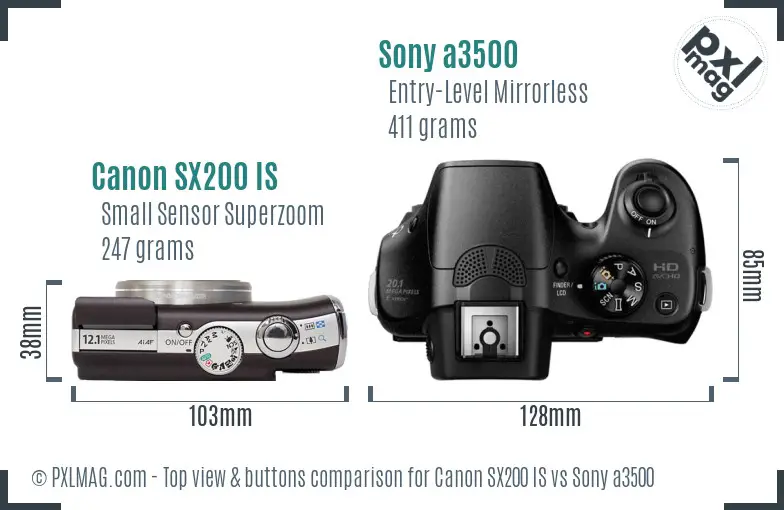 Canon SX200 IS vs Sony a3500 top view buttons comparison