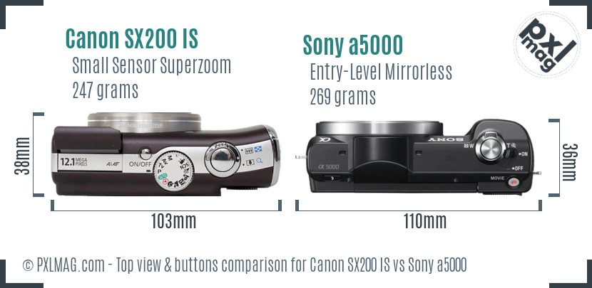 Canon SX200 IS vs Sony a5000 top view buttons comparison