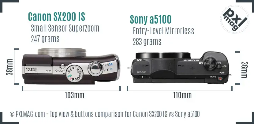 Canon SX200 IS vs Sony a5100 top view buttons comparison Canon SX200 IS vs Sony a5100 top view buttons comparison