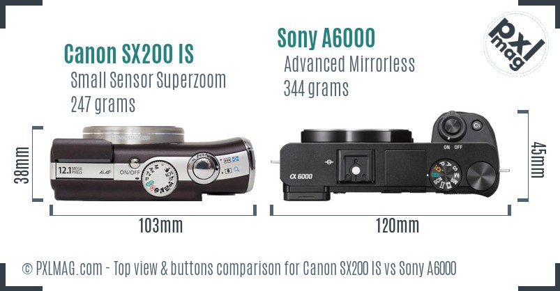 Canon SX200 IS vs Sony A6000 top view buttons comparison