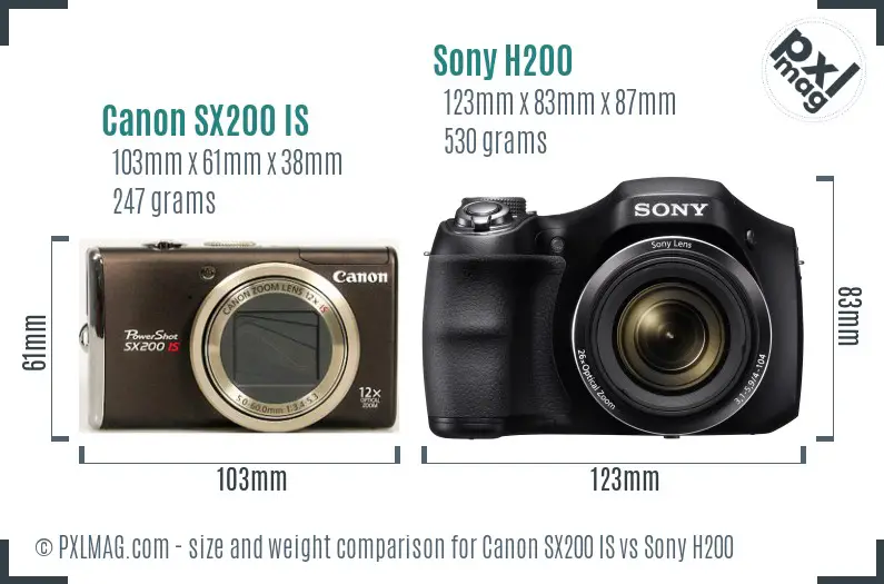 Canon SX200 IS vs Sony H200 size comparison