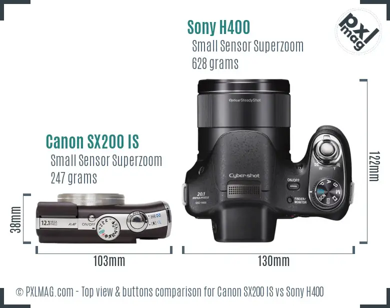 Canon SX200 IS vs Sony H400 top view buttons comparison