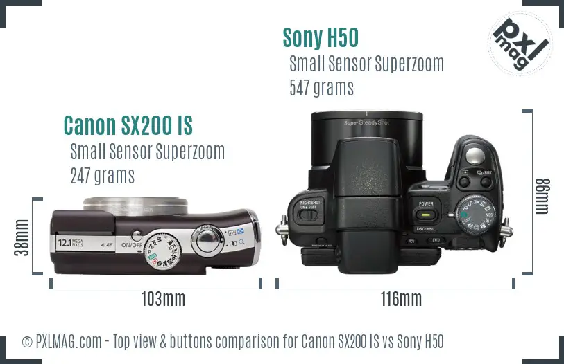 Canon SX200 IS vs Sony H50 top view buttons comparison Canon SX200 IS vs Sony H50 top view buttons comparison