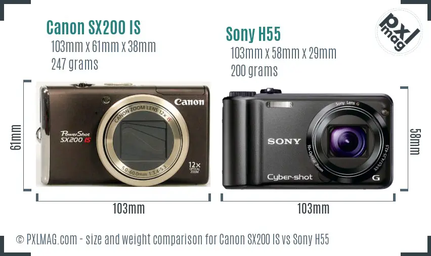 Canon SX200 IS vs Sony H55 size comparison