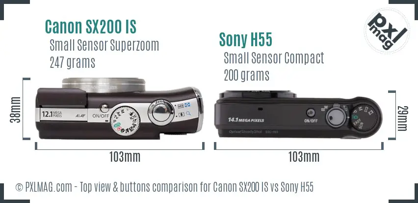 Canon SX200 IS vs Sony H55 top view buttons comparison