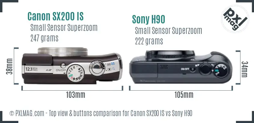 Canon SX200 IS vs Sony H90 top view buttons comparison