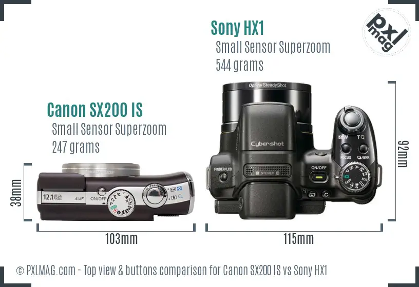 Canon SX200 IS vs Sony HX1 top view buttons comparison