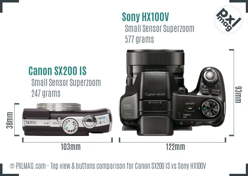 Canon SX200 IS vs Sony HX100V top view buttons comparison