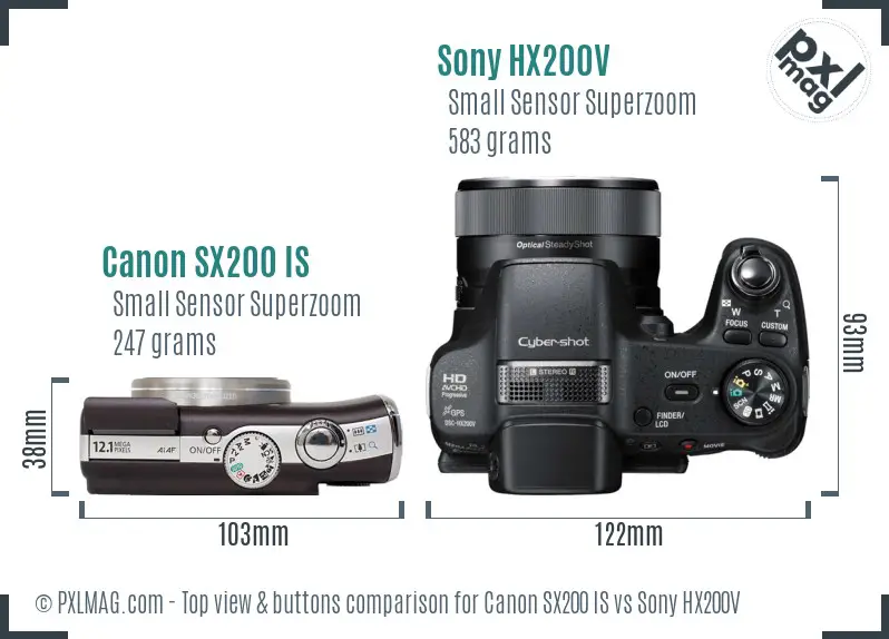 Canon SX200 IS vs Sony HX200V top view buttons comparison