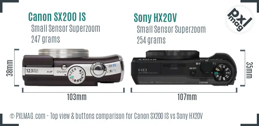 Canon SX200 IS vs Sony HX20V top view buttons comparison