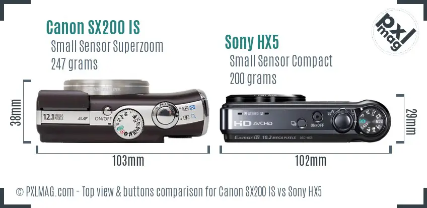 Canon SX200 IS vs Sony HX5 top view buttons comparison Canon SX200 IS vs Sony HX5 top view buttons comparison