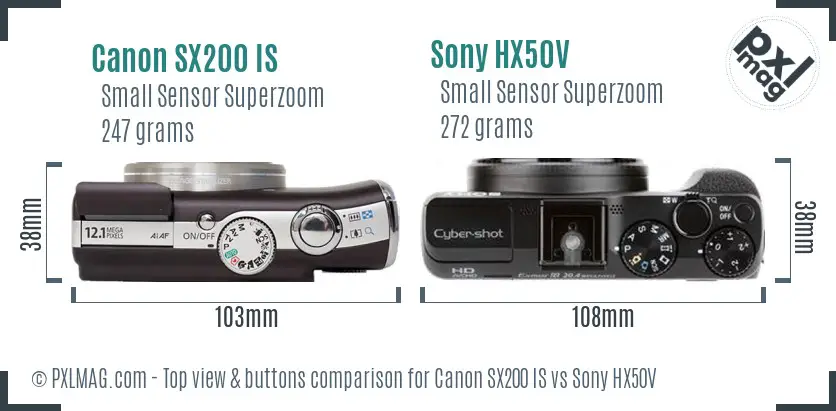 Canon SX200 IS vs Sony HX50V top view buttons comparison