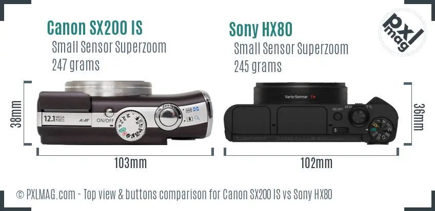 Canon SX200 IS vs Sony HX80 top view buttons comparison