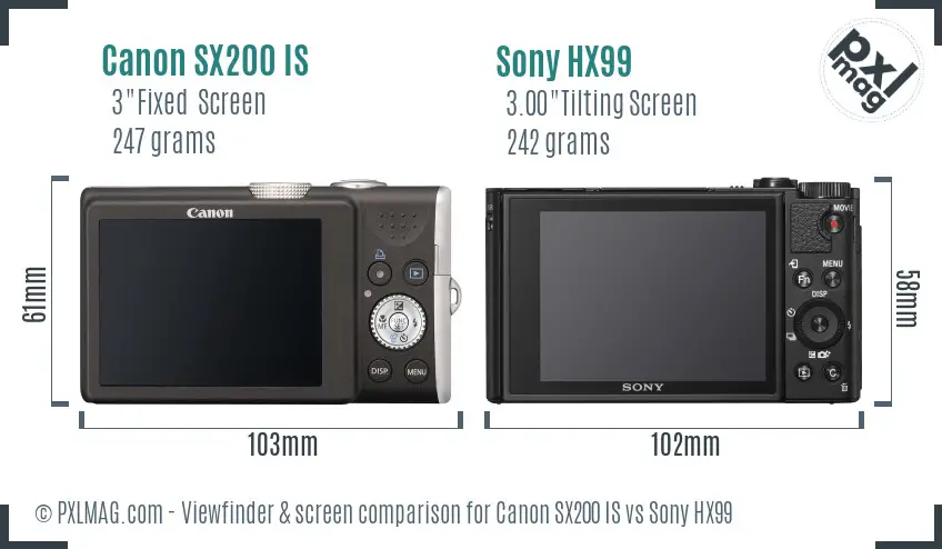 Canon SX200 IS vs Sony HX99 Screen and Viewfinder comparison