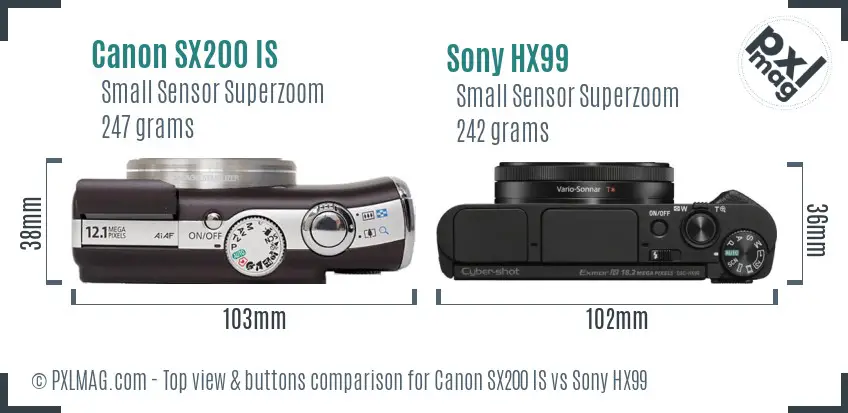 Canon SX200 IS vs Sony HX99 top view buttons comparison