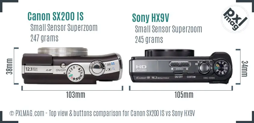Canon SX200 IS vs Sony HX9V top view buttons comparison Canon SX200 IS vs Sony HX9V top view buttons comparison