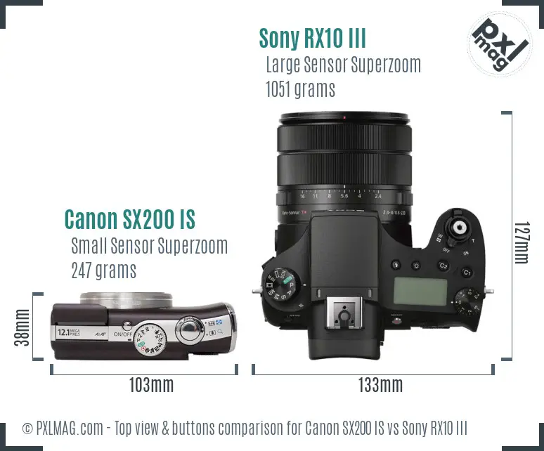 Canon SX200 IS vs Sony RX10 III top view buttons comparison