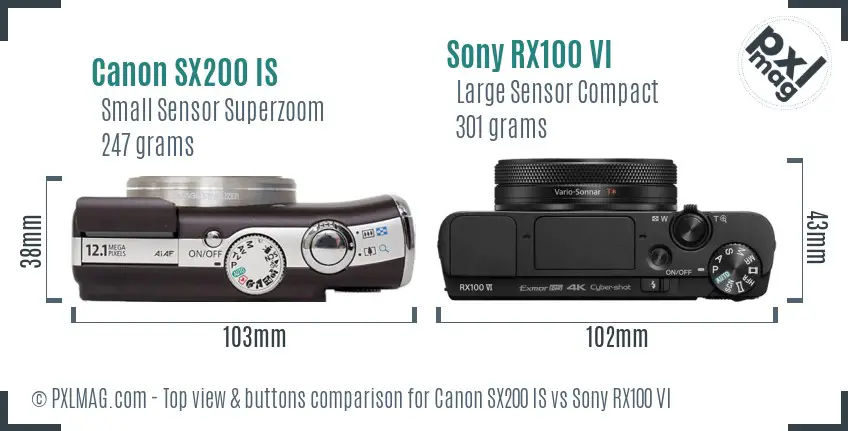 Canon SX200 IS vs Sony RX100 VI top view buttons comparison Canon SX200 IS vs Sony RX100 VI top view buttons comparison