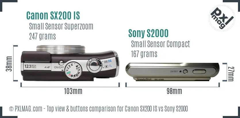 Canon SX200 IS vs Sony S2000 top view buttons comparison Canon SX200 IS vs Sony S2000 top view buttons comparison