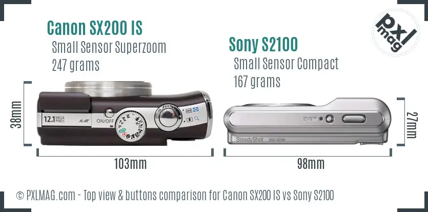Canon SX200 IS vs Sony S2100 top view buttons comparison