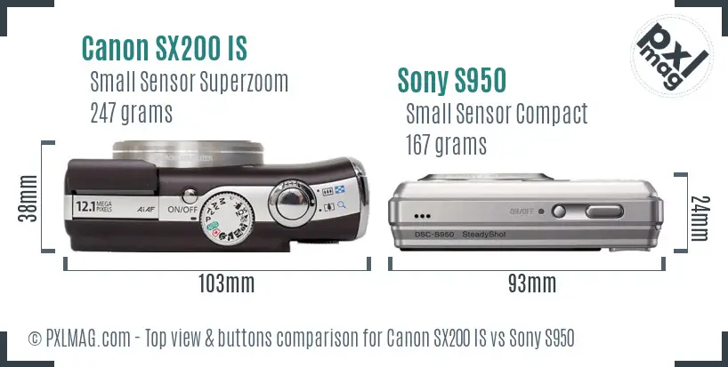 Canon SX200 IS vs Sony S950 top view buttons comparison Canon SX200 IS vs Sony S950 top view buttons comparison