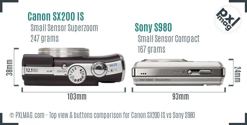 Canon SX200 IS vs Sony S980 top view buttons comparison