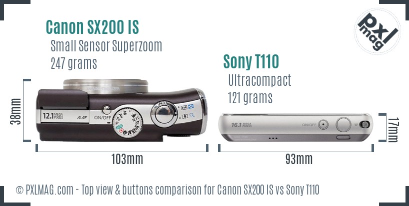 Canon SX200 IS vs Sony T110 top view buttons comparison
