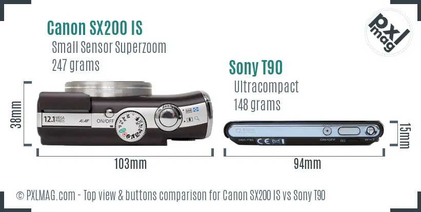 Canon SX200 IS vs Sony T90 top view buttons comparison
