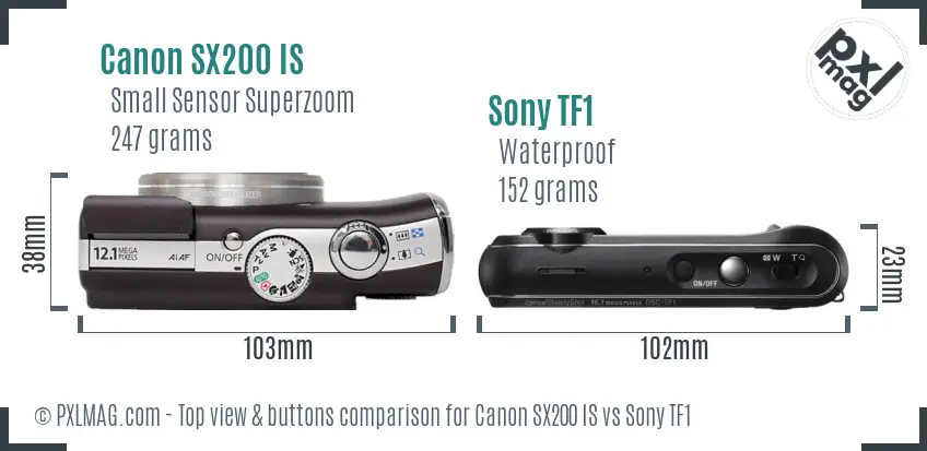 Canon SX200 IS vs Sony TF1 top view buttons comparison