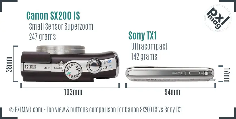 Canon SX200 IS vs Sony TX1 top view buttons comparison