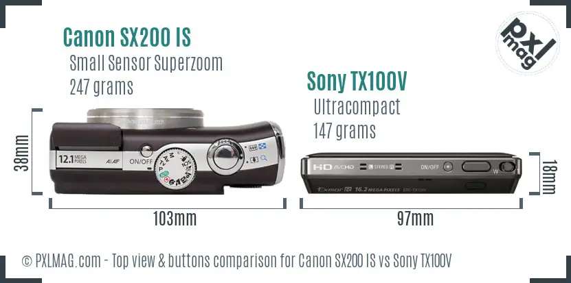 Canon SX200 IS vs Sony TX100V top view buttons comparison Canon SX200 IS vs Sony TX100V top view buttons comparison