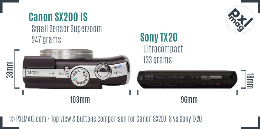 Canon SX200 IS vs Sony TX20 top view buttons comparison