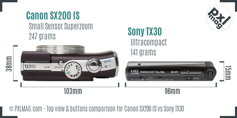 Canon SX200 IS vs Sony TX30 top view buttons comparison Canon SX200 IS vs Sony TX30 top view buttons comparison
