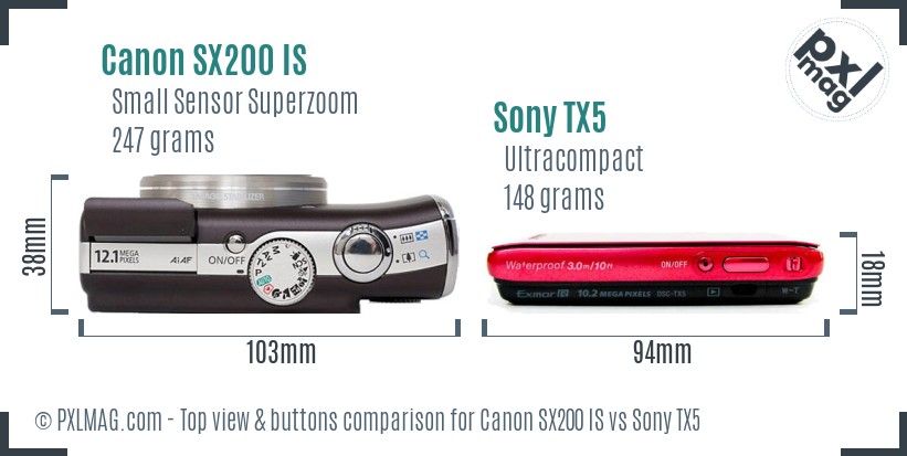 Canon SX200 IS vs Sony TX5 top view buttons comparison