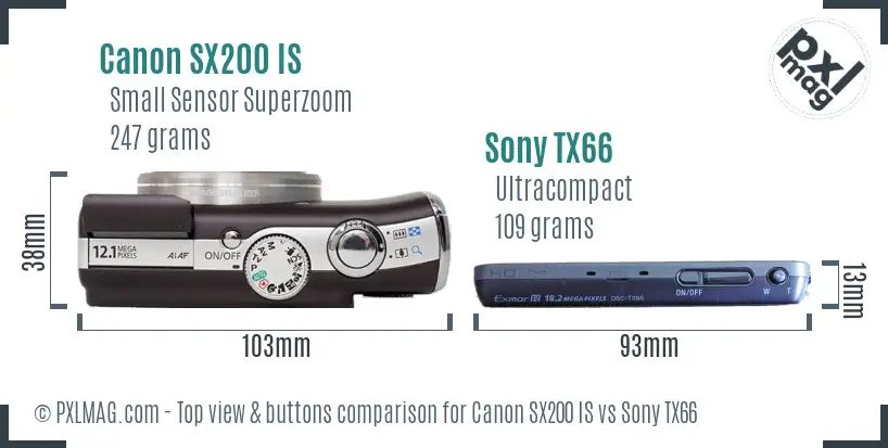 Canon SX200 IS vs Sony TX66 top view buttons comparison