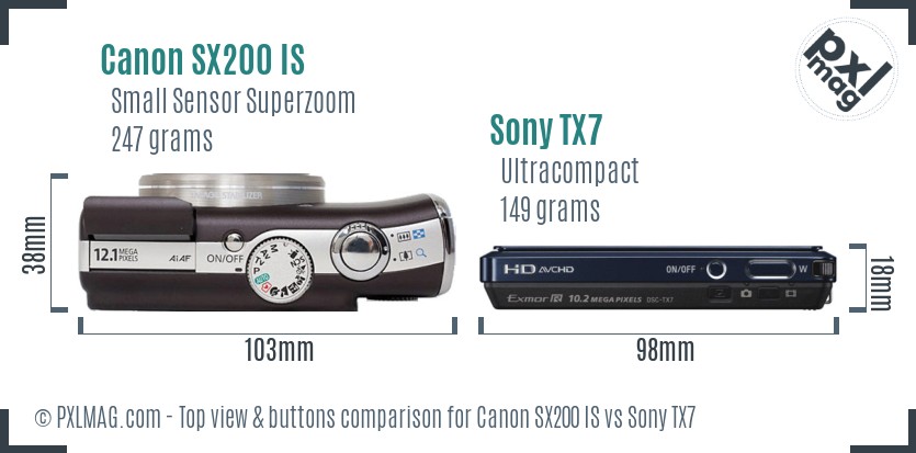 Canon SX200 IS vs Sony TX7 top view buttons comparison