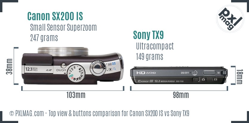 Canon SX200 IS vs Sony TX9 top view buttons comparison