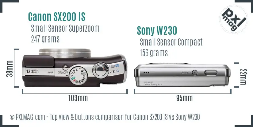 Canon SX200 IS vs Sony W230 top view buttons comparison Canon SX200 IS vs Sony W230 top view buttons comparison