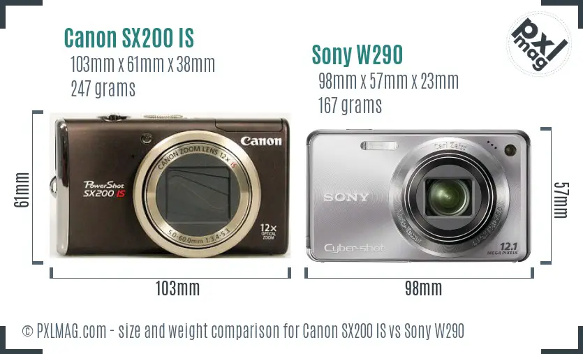 Canon SX200 IS vs Sony W290 size comparison