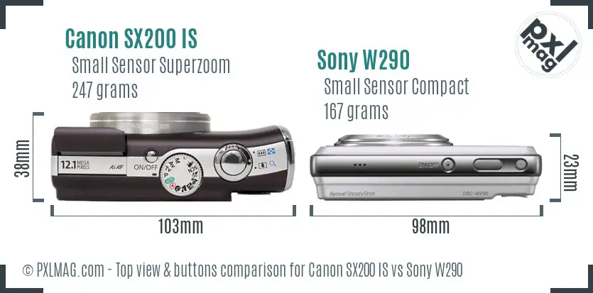 Canon SX200 IS vs Sony W290 top view buttons comparison