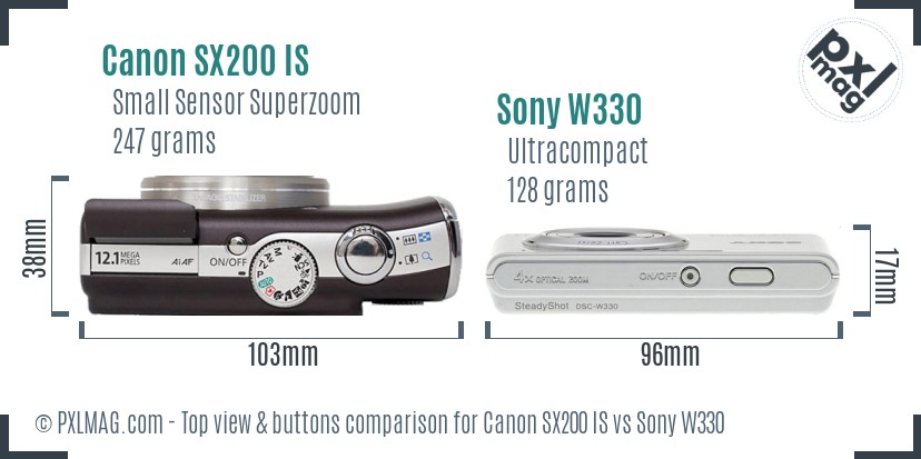 Canon SX200 IS vs Sony W330 top view buttons comparison