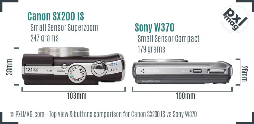 Canon SX200 IS vs Sony W370 top view buttons comparison